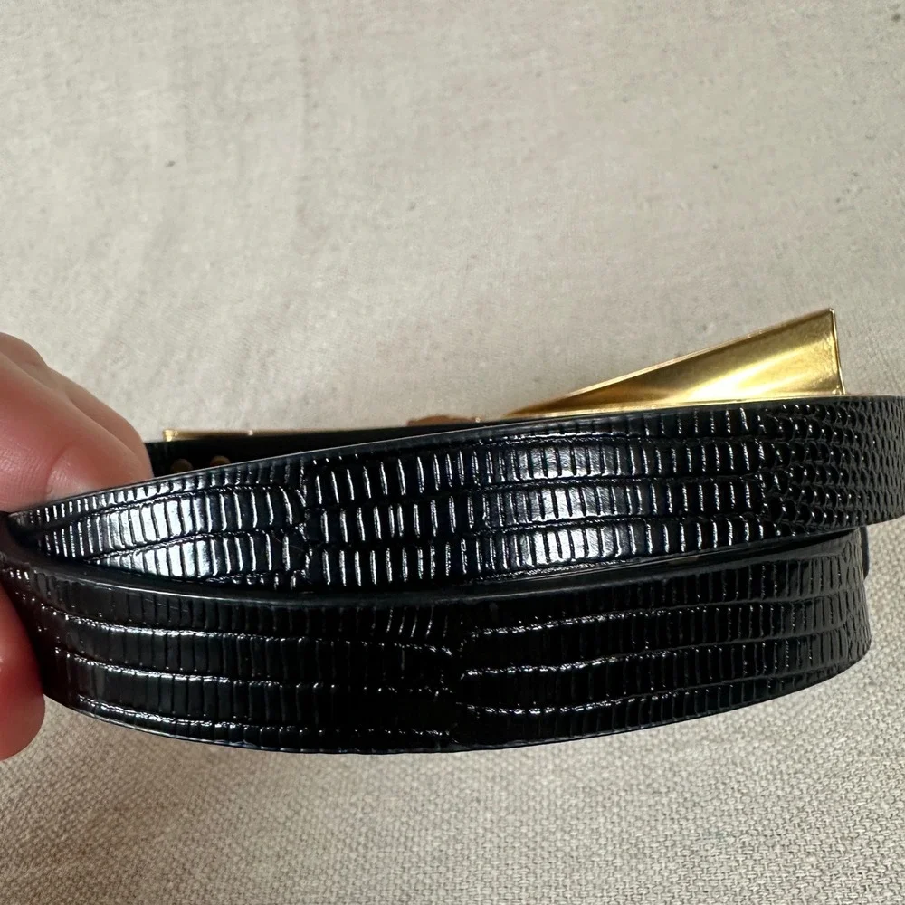 Bow statement belt thin skinny gold metal Black Lizard dark feminine‎ dress